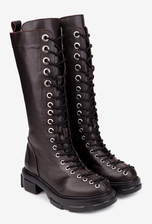 Cizme dama maro inchis din piele naturala cu siret in fata