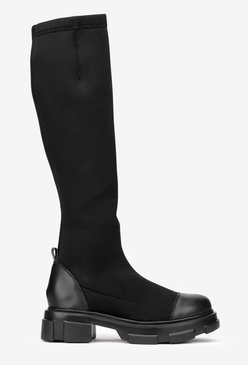 Cizme dama negre din material textil si piele