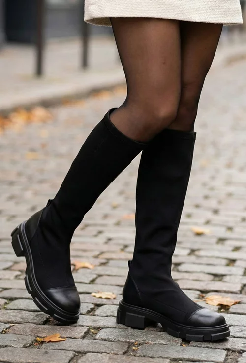 Cizme dama negre din material textil si piele