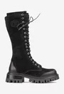 Cizme dama negre din piele nabuc si material textil