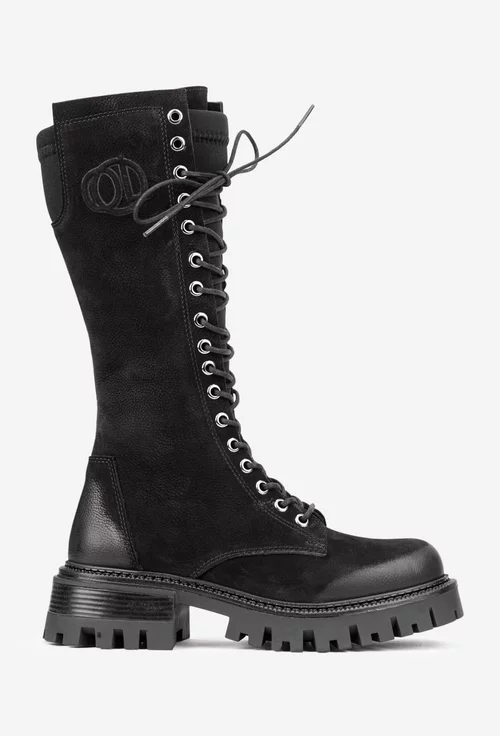 Cizme dama negre din piele nabuc si material textil