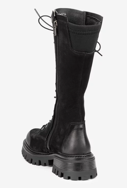 Cizme dama negre din piele nabuc si material textil