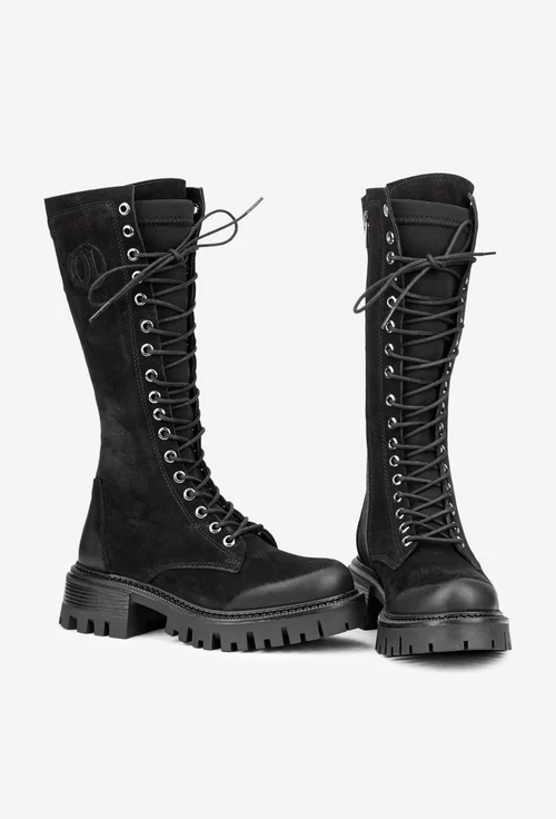 Cizme dama negre din piele nabuc si material textil