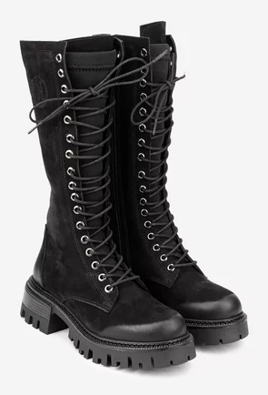 Cizme dama negre din piele nabuc si material textil