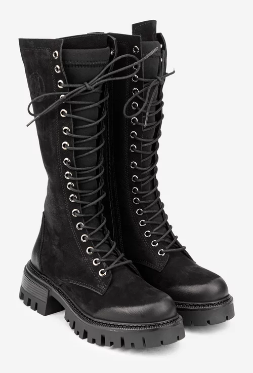 Cizme dama negre din piele nabuc si material textil