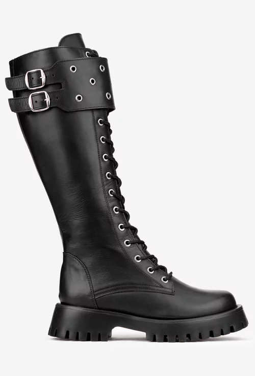 Cizme dama negre din piele naturala cu siret