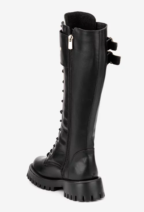 Cizme dama negre din piele naturala cu siret