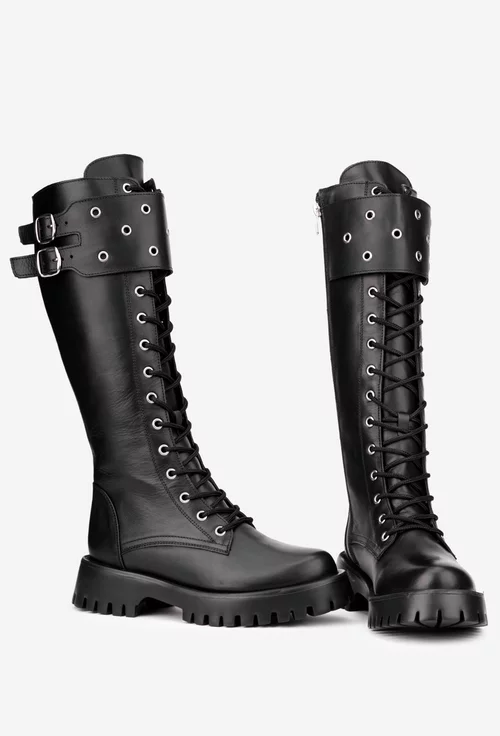 Cizme dama negre din piele naturala cu siret