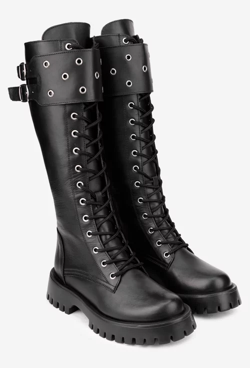 Cizme dama negre din piele naturala cu siret