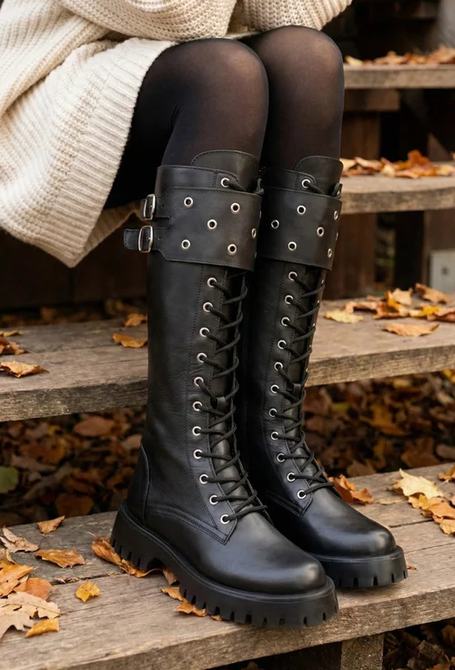 Cizme dama negre din piele naturala cu siret