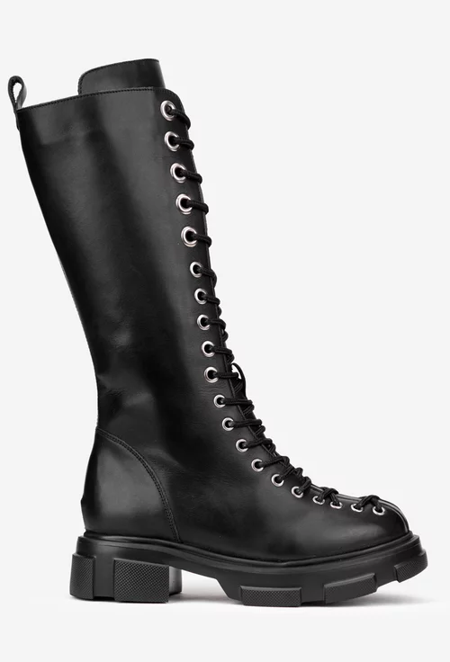 Cizme dama negre din piele naturala cu siret in fata