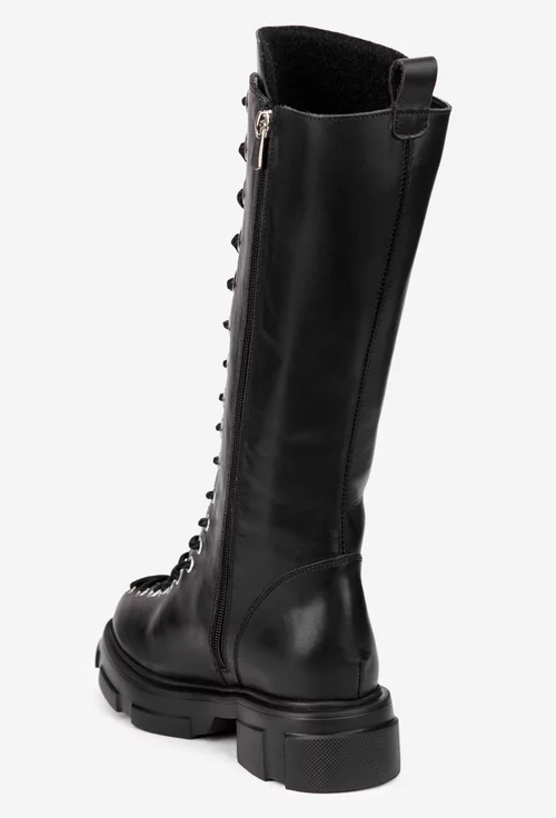 Cizme dama negre din piele naturala cu siret in fata