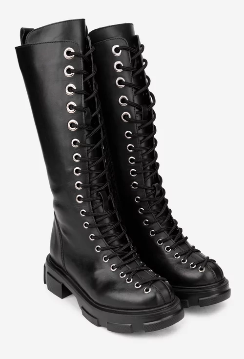 Cizme dama negre din piele naturala cu siret in fata