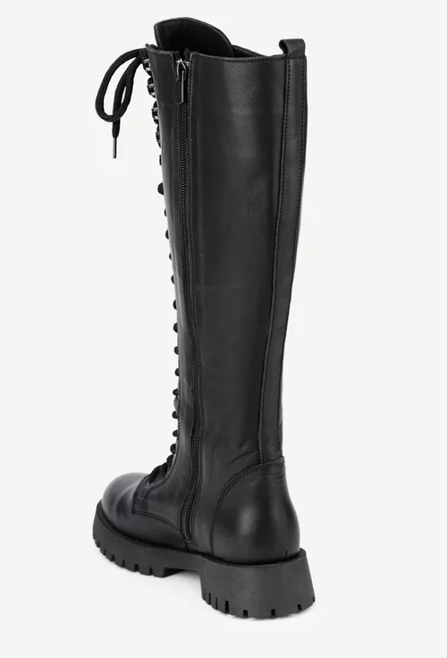 Cizme dama negre din piele naturala cu siret si fermoar