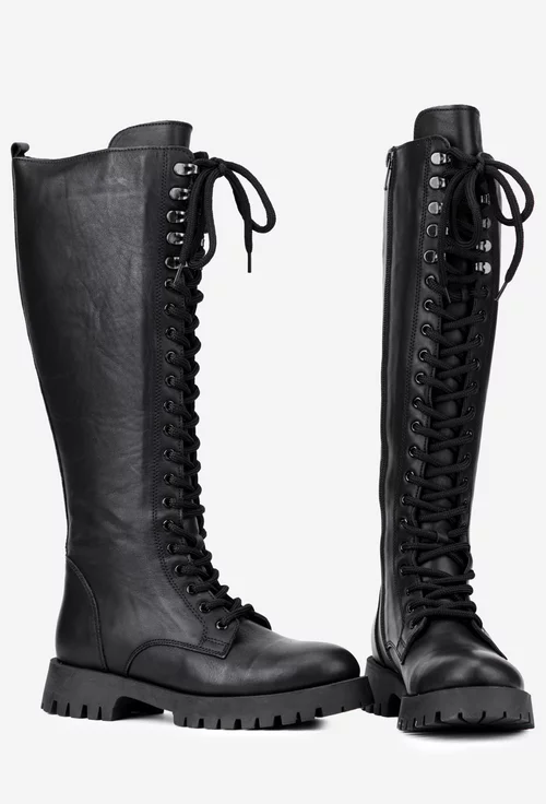 Cizme dama negre din piele naturala cu siret si fermoar