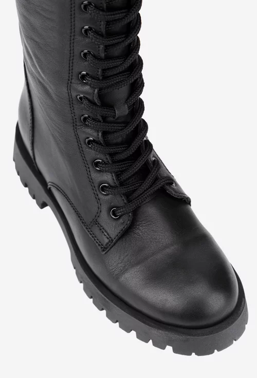 Cizme dama negre din piele naturala cu siret si fermoar