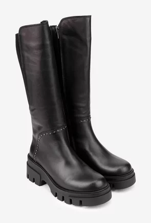 Cizme dama negre din piele naturala si material textil