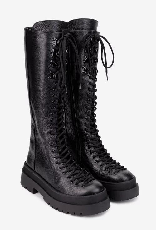 Cizme dama negre din piele texturata