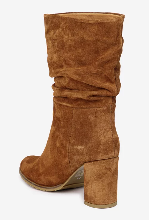 Cizme dama NUR fronsate din piele intoarsa maro