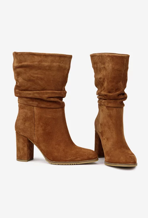 Cizme dama NUR fronsate din piele intoarsa maro