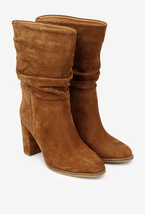 Cizme dama NUR fronsate din piele intoarsa maro