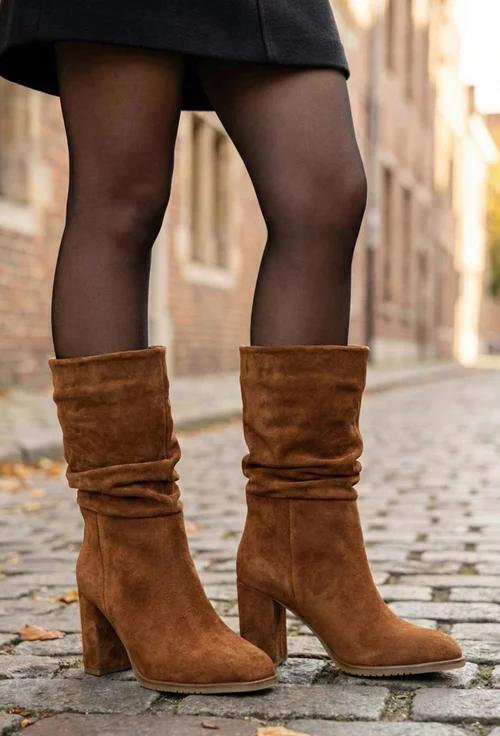 Cizme dama NUR fronsate din piele intoarsa maro