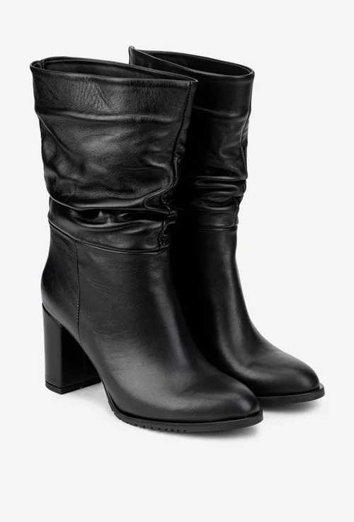 Cizme dama NUR fronsate din piele naturala neagra