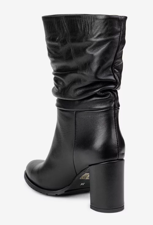 Cizme dama NUR fronsate din piele naturala neagra