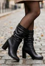 Cizme dama NUR fronsate din piele naturala neagra
