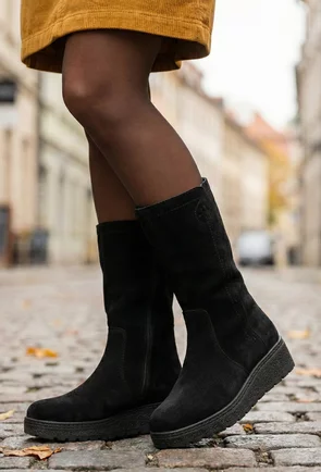 Cizme dama scurte din piele intoarsa neagra