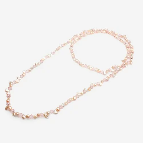 Colier cu perle de cultura roz piersica si cristale roz 124985