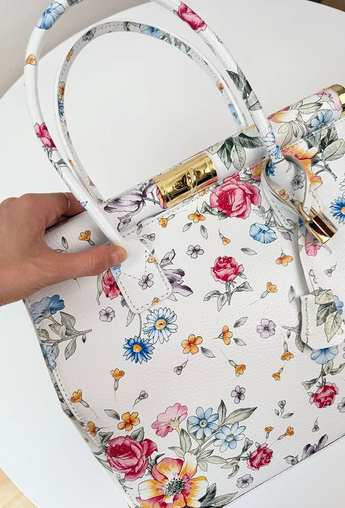Geanta dama alba cu imprimeu floral din piele cu detaliu lacat picture - 8