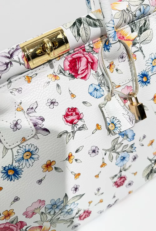Geanta dama alba cu imprimeu floral din piele cu detaliu lacat picture - 10