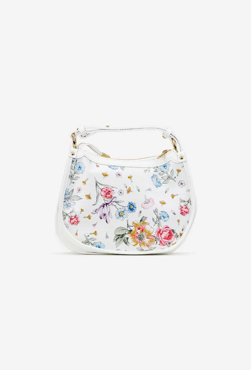Geanta dama alba cu imprimeu floral din piele texturata