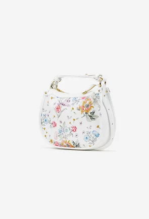 Geanta dama alba cu imprimeu floral din piele texturata