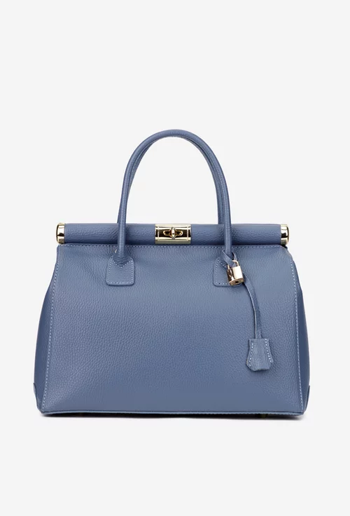 Geanta dama albastra din piele texturata cu detaliu lacat