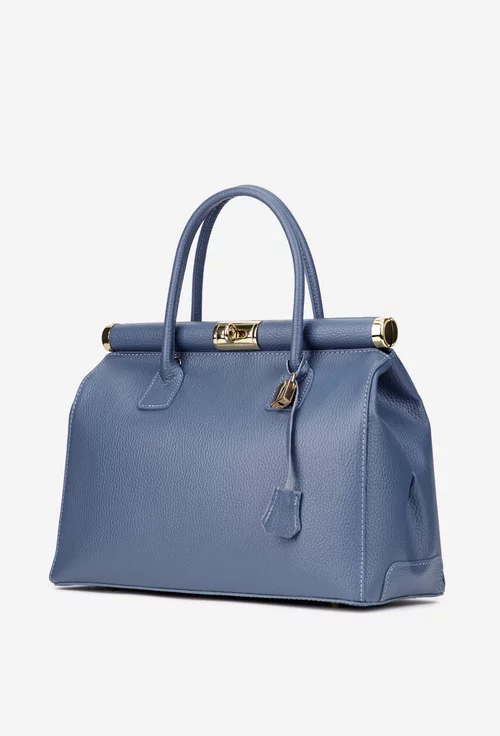 Geanta dama albastra din piele texturata cu detaliu lacat