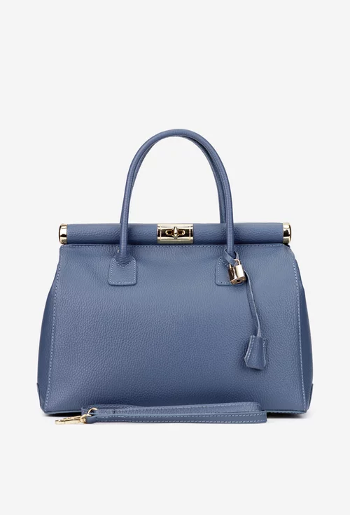 Geanta dama albastra din piele texturata cu detaliu lacat