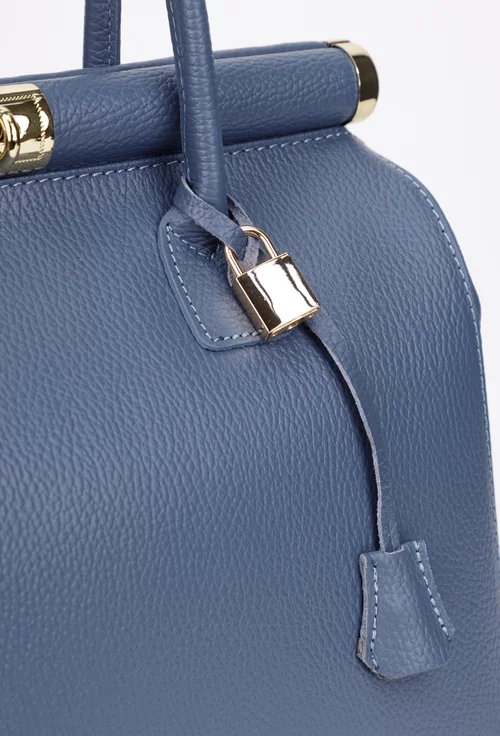 Geanta dama albastra din piele texturata cu detaliu lacat