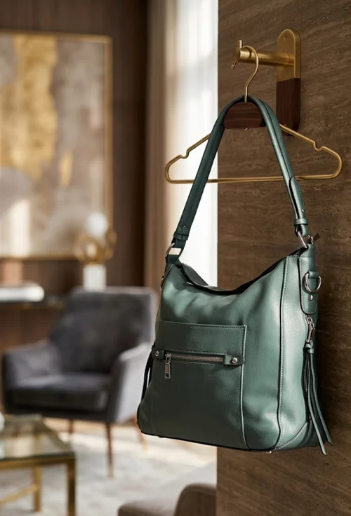 Geanta dama albastru-verzui din piele cu buzunare