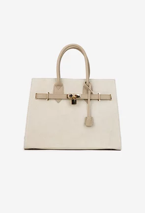 Geanta dama bej cu taupe din piele cu accesoriu lacat