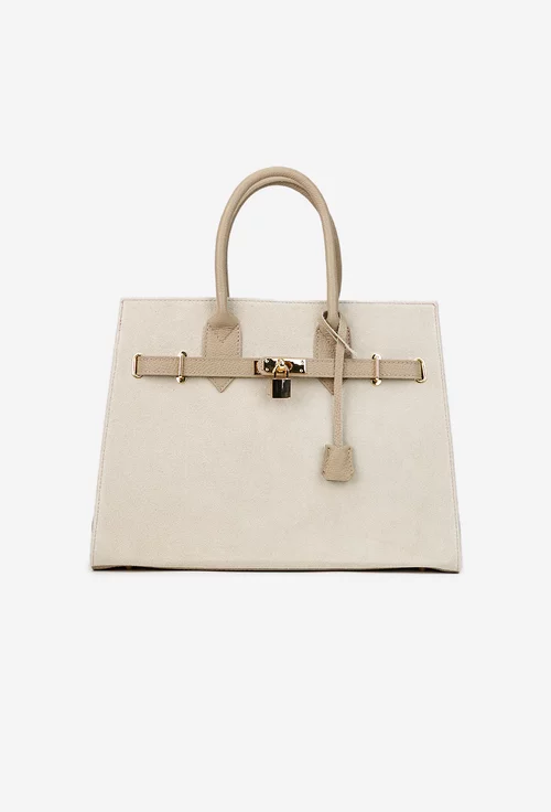 Geanta dama bej cu taupe din piele cu accesoriu lacat