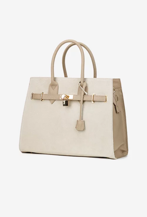 Geanta dama bej cu taupe din piele cu accesoriu lacat