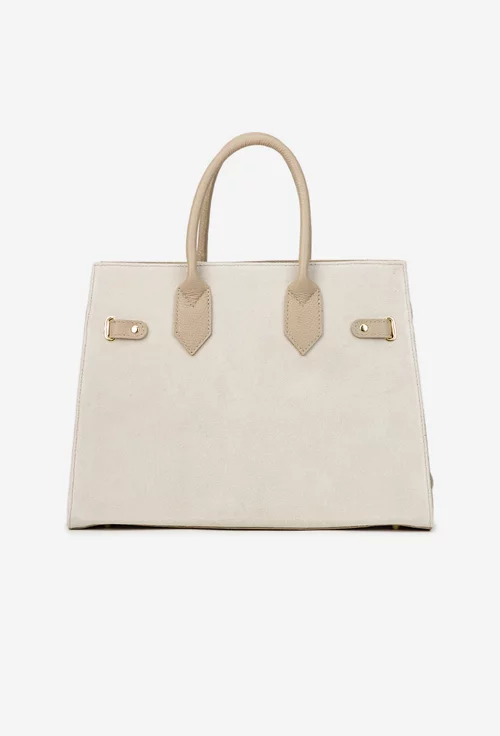 Geanta dama bej cu taupe din piele cu accesoriu lacat