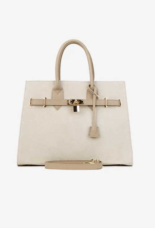 Geanta dama bej cu taupe din piele cu accesoriu lacat