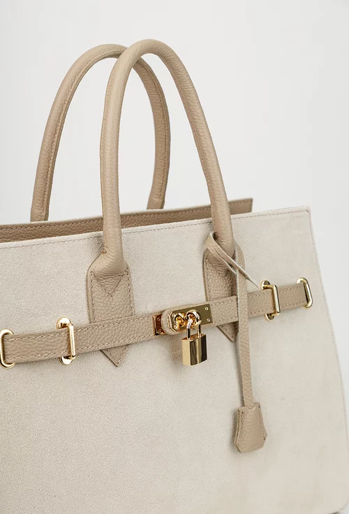 Geanta dama bej cu taupe din piele cu accesoriu lacat
