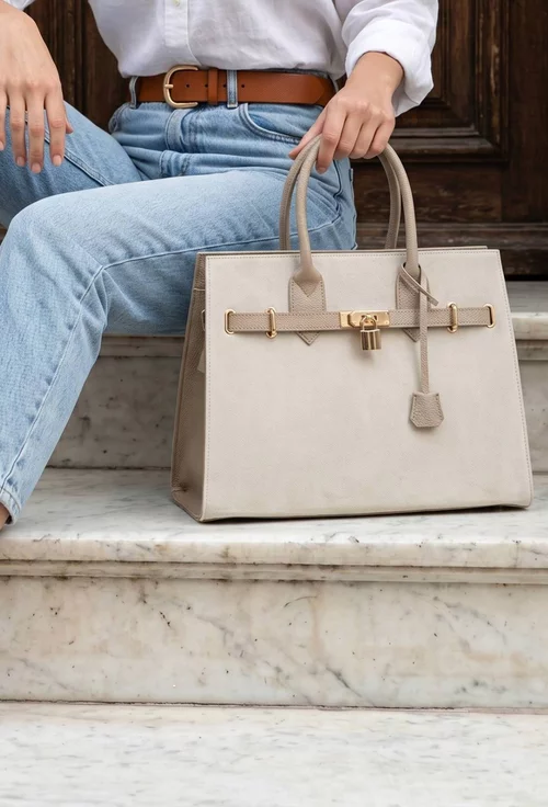 Geanta dama bej cu taupe din piele cu accesoriu lacat