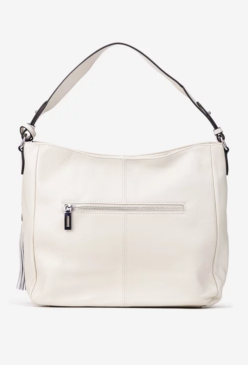 Geanta dama bej deschis din piele naturala cu ornament ciucure