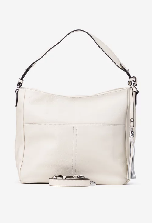 Geanta dama bej deschis din piele naturala cu ornament ciucure