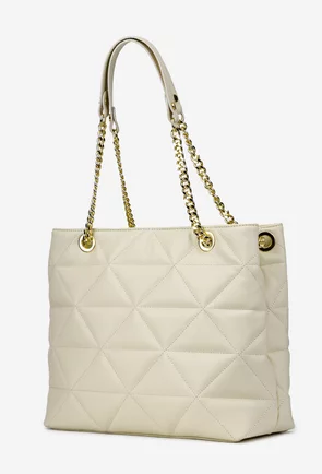 Geanta dama bej din piele cu manere prevazute cu lant